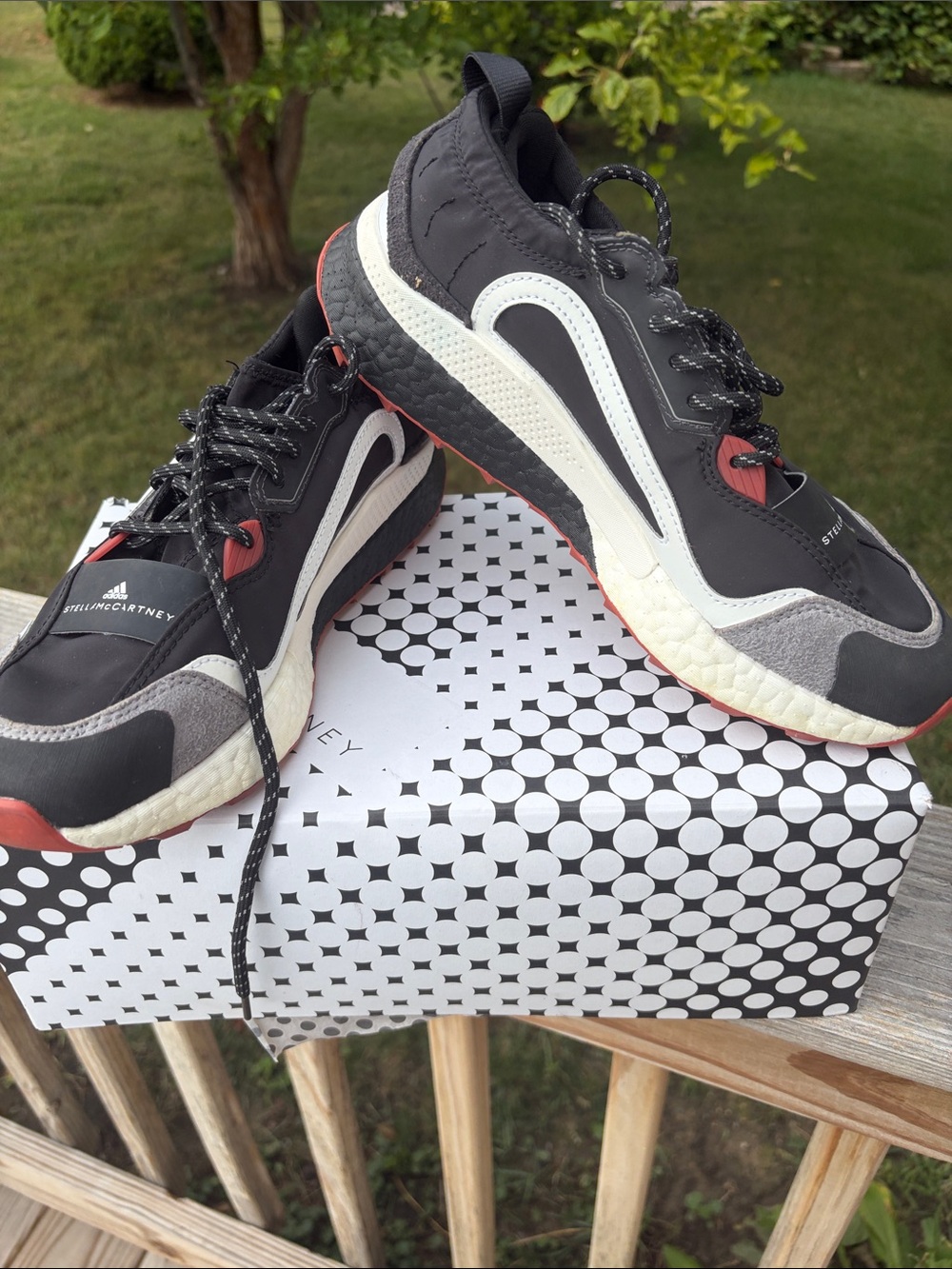 Adidas by Stella McCartney Men’s Black White and Red Trail-Style Sneakers 7.5